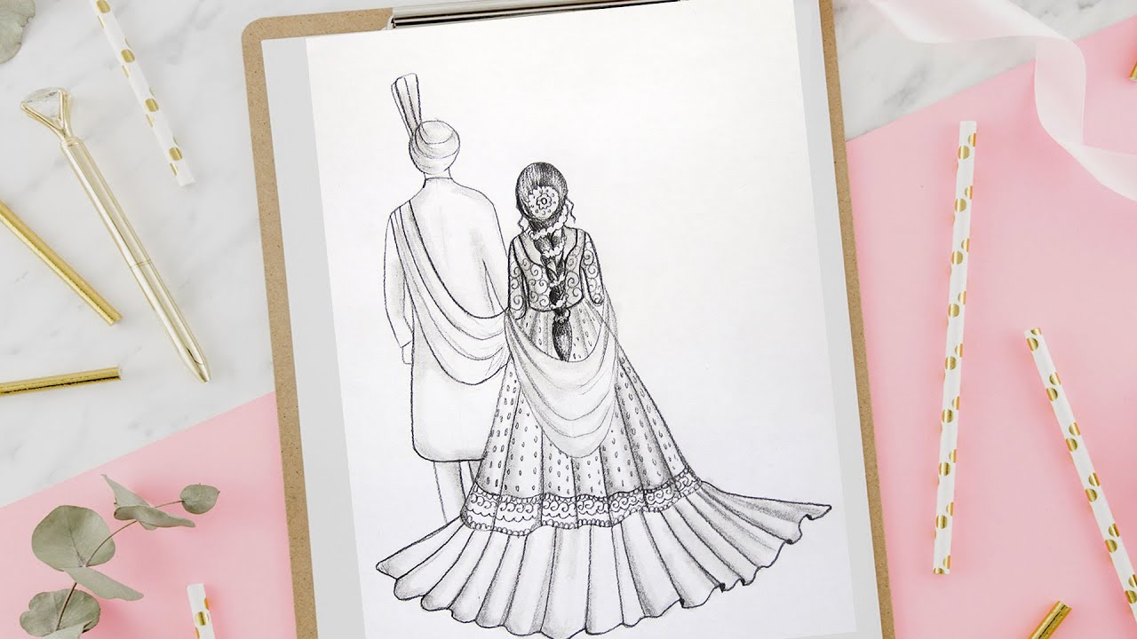 How to draw wedding couple dress drawing | Indian bridal dress illustration  | beautiful couple dress - YouTube